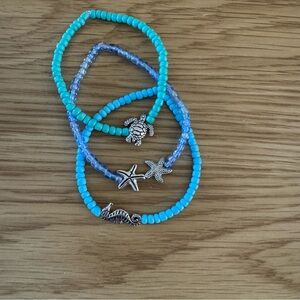 Glass Beaded Elastic 3 Bracelets Green & Blue Metal Starfish, Turtle & Seahorse